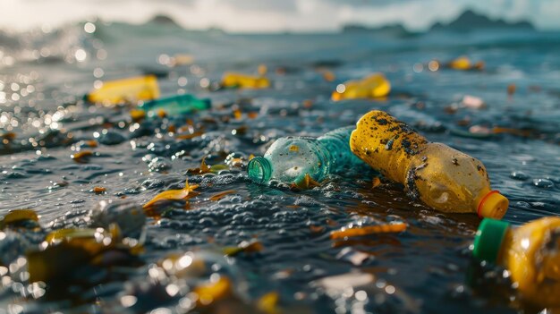 Foto ein haufen plastikflaschen, die im ozean schwimmen