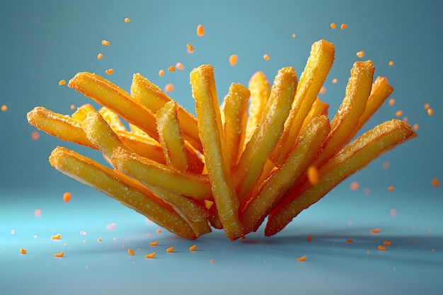 Ein Haufen Pommes Frites auf einem blauen Hintergrund Generative KI