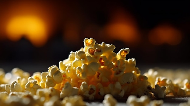 Ein Haufen Popcorn auf einem Tisch mit dunklem Hintergrund