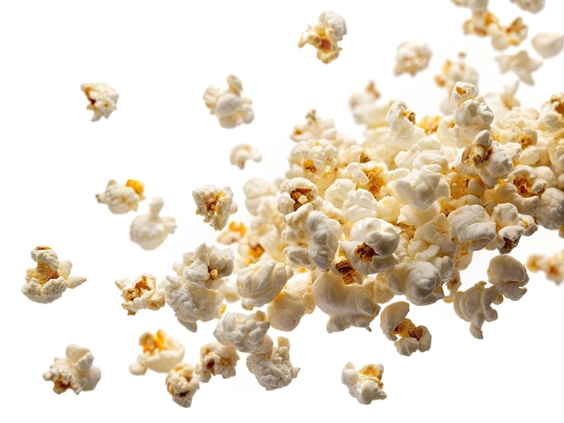 ein Haufen Popcorn und ein weißer Hintergrund mit einem Popcorn in der Mitte