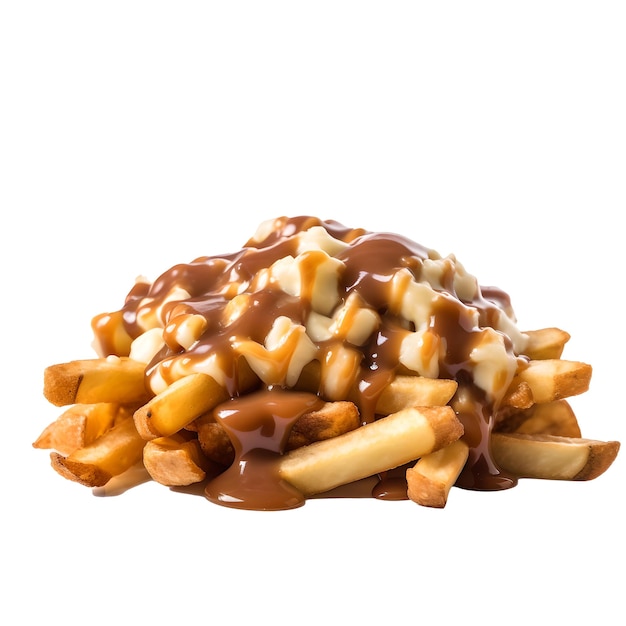 Ein Haufen Poutine mit brauner Soße und Soße darüber