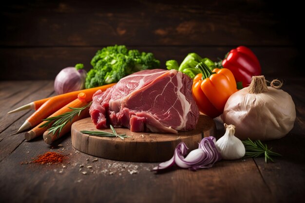 ein Haufen rohes Fleisch und Gemüse auf einem Holztisch