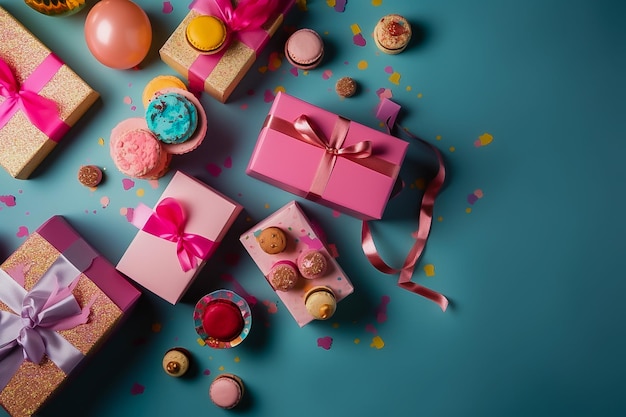 Ein Haufen rosa Schachteln mit verschiedenen Süßigkeiten auf blauem Hintergrund