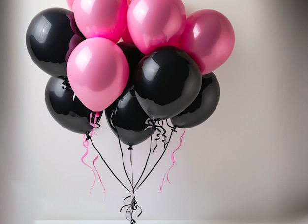 Ein Haufen rosa und schwarzer Luftballons mit der Nummer 4 darauf.