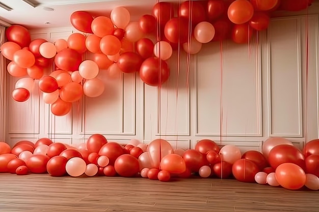 Ein Haufen roter Ballons hängt an einer Wand