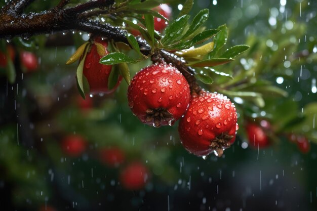 Ein Haufen roter Beeren mit Regentropfen darauf