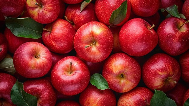 ein Haufen roter Äpfel mit grünen Blättern