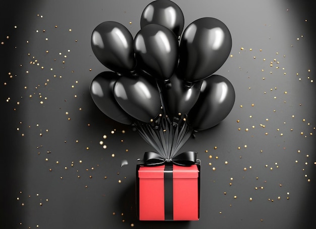 Ein Haufen schwarzer Luftballons mit roter Geschenkbox isoliert auf dem Black Friday-Konzept weiß