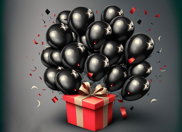 Ein Haufen schwarzer Luftballons mit roter Geschenkbox isoliert auf dem Black Friday-Konzept weiß