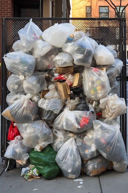 Foto ein haufen schwarzer plastikmüll ein müllbeutel mit viel müll auf der straße vertikale ausrichtung