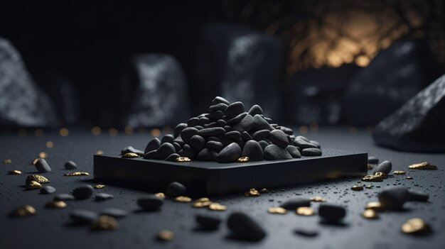 Ein Haufen schwarzer Steine auf einem schwarzen Tablett mit goldenem Konfetti an der Seite.