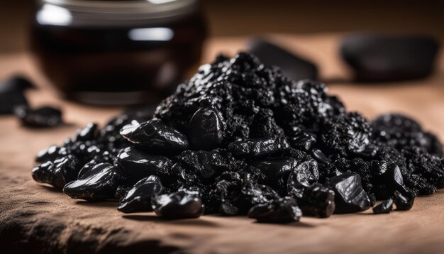 Ein Haufen schwarzer Steine auf einem Tisch