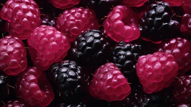 Ein Haufen schwarzer und roter Himbeeren, die nebeneinander liegen