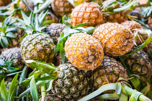 Ein Haufen tropischer Früchte, Ananas auf dem Markt, kann als Nahrungshintergrund verwendet werden