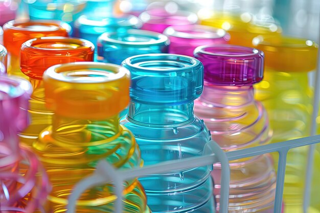 Ein Haufen verschiedener farbiger Plastikbecher in einem Regal