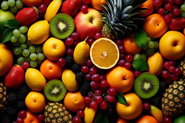 ein Haufen verschiedener Früchte, darunter Ananas, Kiwi und eine Ananas.