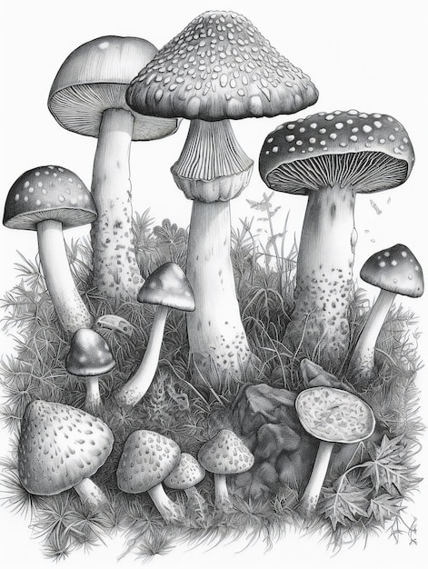 Ein Haufen verschiedener Pilzarten im Stil einer Schwarz-Weiß-Illustration, gezeichnet mit Bleistift. KI generiert, KI generativ, KI generativ