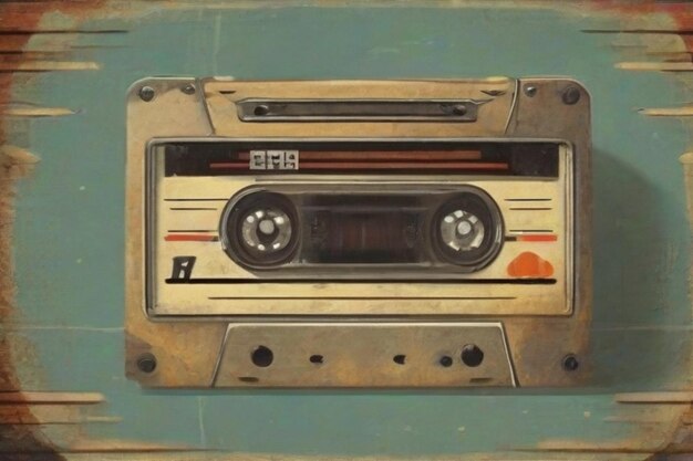 ein Haufen von Retro-Audio-Medien aus den 70ern und 80ern, Hifi-Leerstein, unberührte Kassetten, Illustrationen, Vintage-Palette