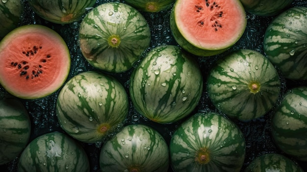 Ein Haufen Wassermelonen, auf einer davon sind Wassermelonen.