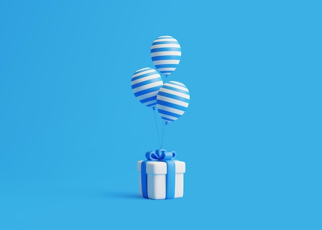 Ein Haufen weiß-blau gestreifter Luftballons mit weißer Geschenkbox auf blauem Hintergrund, 3D-Darstellung