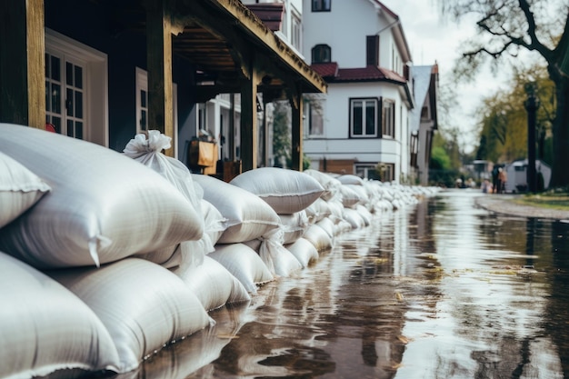Ein Haufen weißer Säcke auf der Straße nach einer Überschwemmung in der Stadt Hochwasserschutz Sandsäcke mit überfluteten Häusern im Hintergrund KI generiert