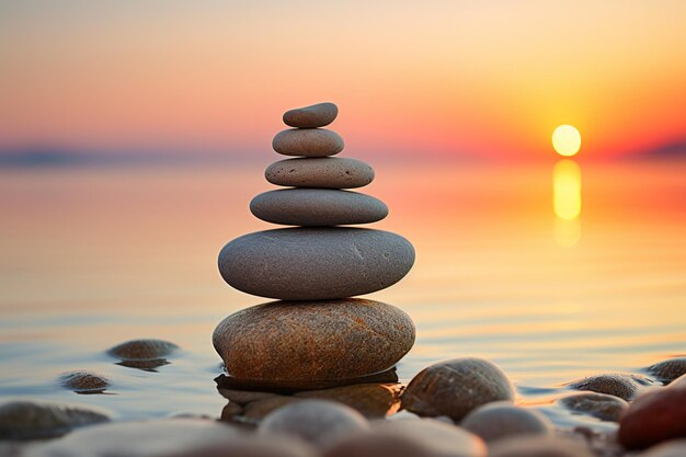 Ein Haufen Zen-Steine am Strand bei Sonnenuntergang Zen-Konzept