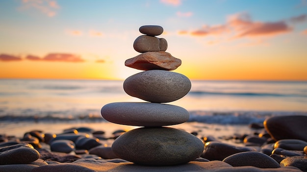 Ein Haufen Zen-Steine am Strand bei Sonnenuntergang Zen-Konzept