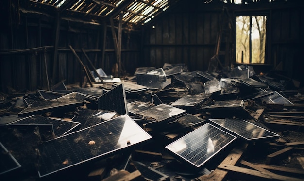ein Haufen zerbrochener Glasplatten und Metallstücke sind auf einem schmutzigen Boden verstreut