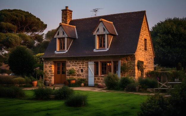 Ein Haus am Abend mit einem großen Hof und einem Garten im Vordergrund