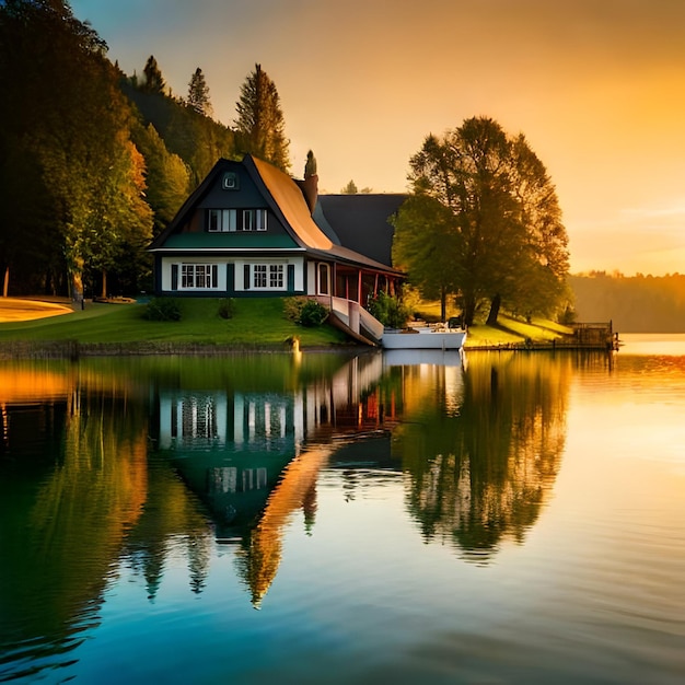 Ein Haus am See mit einem Boot davor