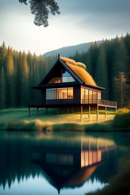 Ein Haus am See mit Grasdach