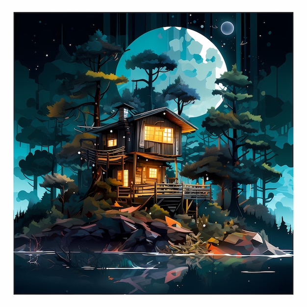 Ein Haus am See mit Vollmond im Hintergrund.