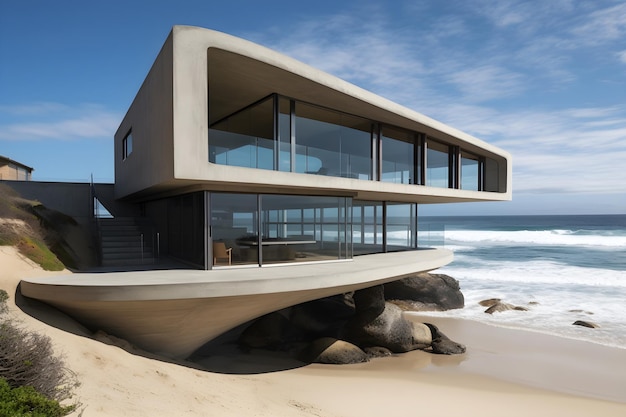 Ein Haus am Strand mit einem großen Fenster, auf dem steht: „Das Haus steht auf einem Felsen“.