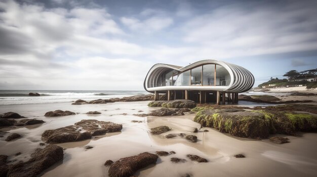 Ein Haus am Strand mit einem großen geschwungenen Dach und einem bewölkten Himmel