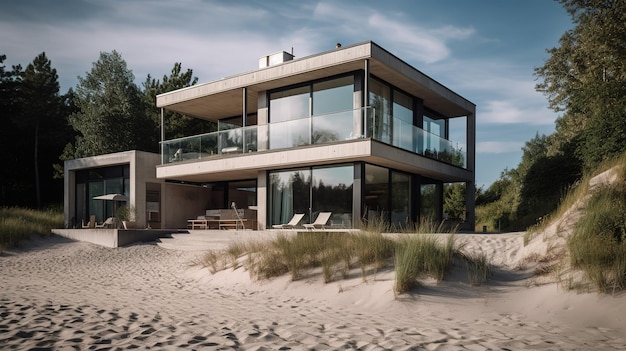 Ein Haus am Strand mit einem Strand im Hintergrund