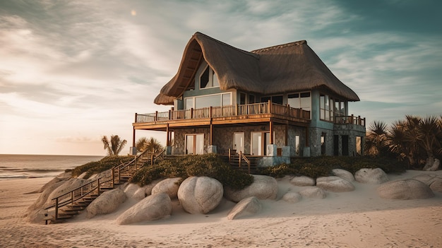 Ein Haus am Strand mit einem Strohdach und einem großen Felsen im Hintergrund