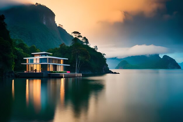 Ein Haus an einem See mit einem Berg im Hintergrund