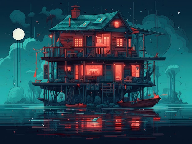 Ein Haus an einem See mit einem Mond im Hintergrund