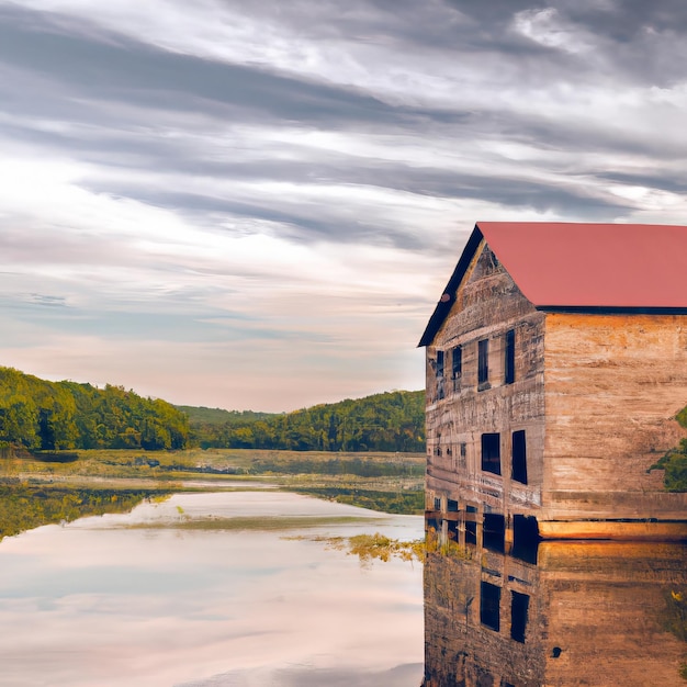 Ein Haus an einem See mit rotem Dach