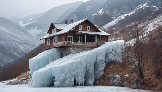 ein Haus, auf dem Eis ist, und ein Haus an seiner Seite