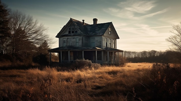 Ein Haus auf einem Feld, hinter dem die Sonne untergeht