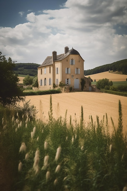 Ein Haus auf einem Feld mit einem bewölkten Himmel im Hintergrund