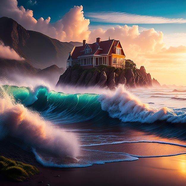 Ein Haus auf einem Felsen mit einer Welle, die darauf stürzt