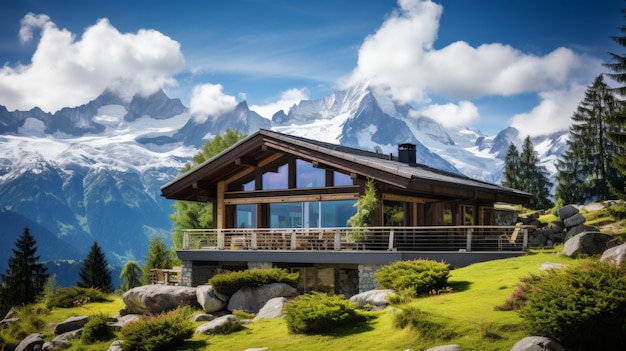 Ein Haus auf einem hohen Berg, umgeben von majestätischen Gipfeln