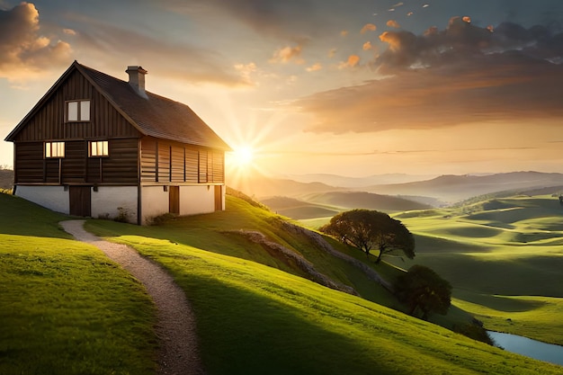 Ein Haus auf einem Hügel, hinter dem die Sonne untergeht