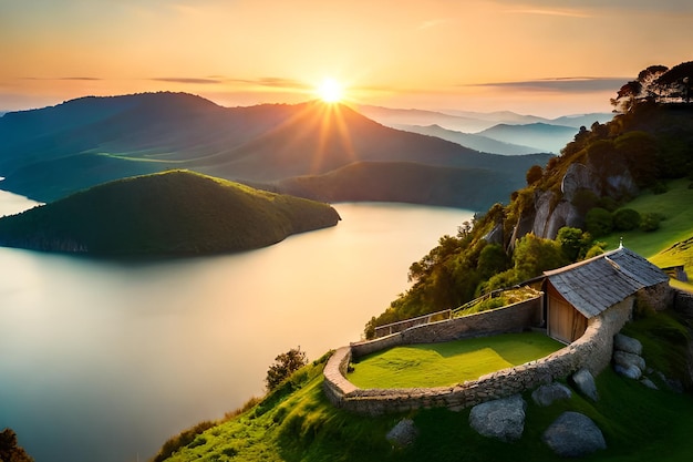 Ein Haus auf einem Hügel, hinter dem die Sonne untergeht