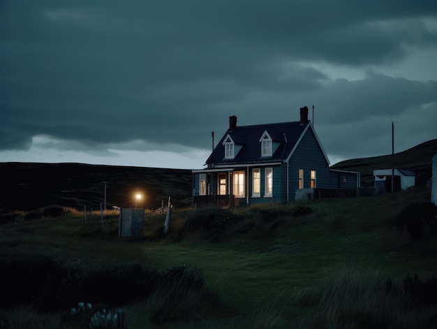 Ein Haus auf einem Hügel mit einer generativen ai des dunklen Himmels