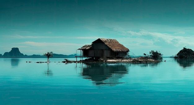 Ein Haus auf einer kleinen Insel mit blauem Himmel und Bäumen am Wasser.