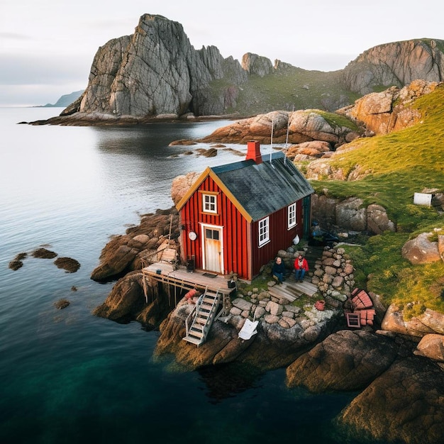 ein Haus auf einer kleinen Insel mit einem Haus an der Seite.