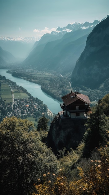 Ein Haus auf einer Klippe mit Blick auf einen Fluss und Berge im Hintergrund